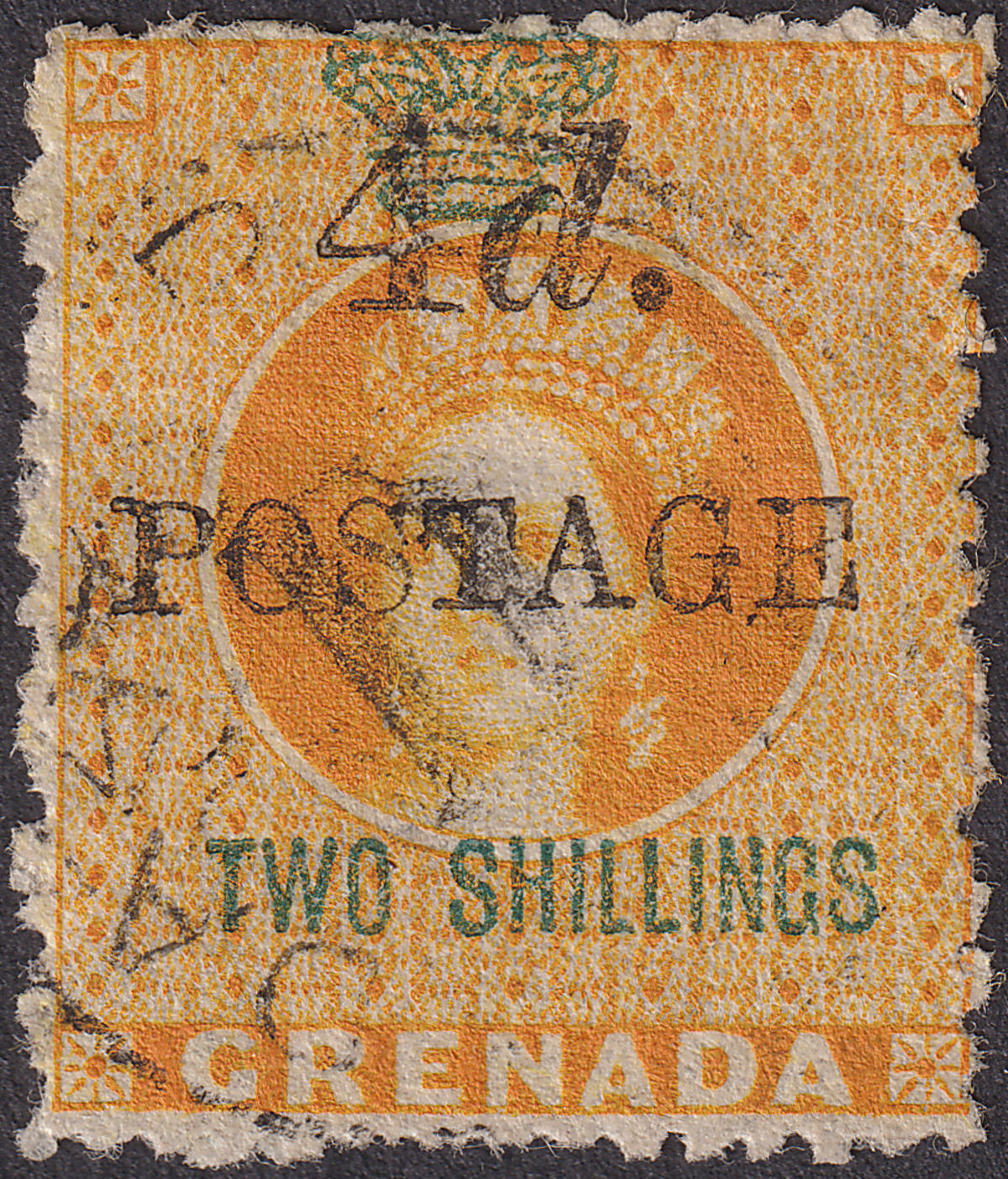 Grenada 1888 QV 4d Surcharge on Revenue 2sh Orange Used SG41 cat £30 4mm spacing