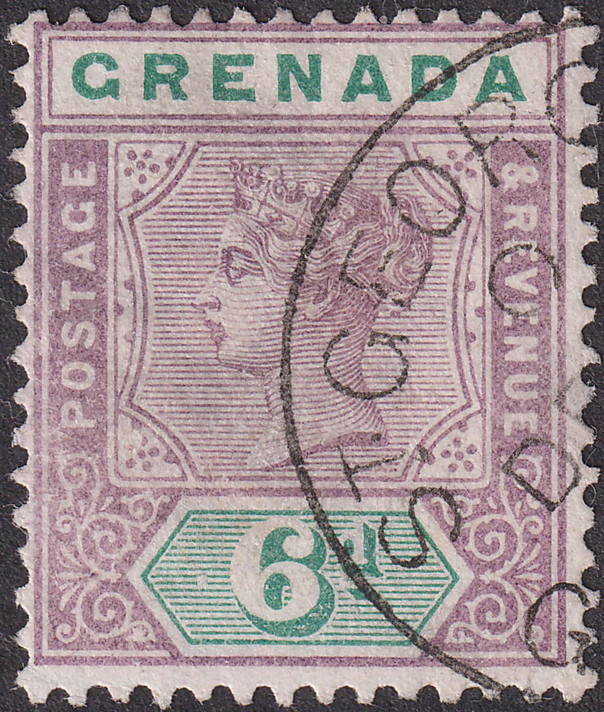 Grenada 1895 QV 6d Mauve and Green Used SG53 cat £65 thin