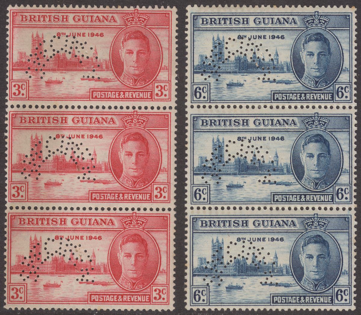 British Guiana 1946 KGVI SPECIMEN Perf Victory 3c, 6c Strips Mint SG320s-321s