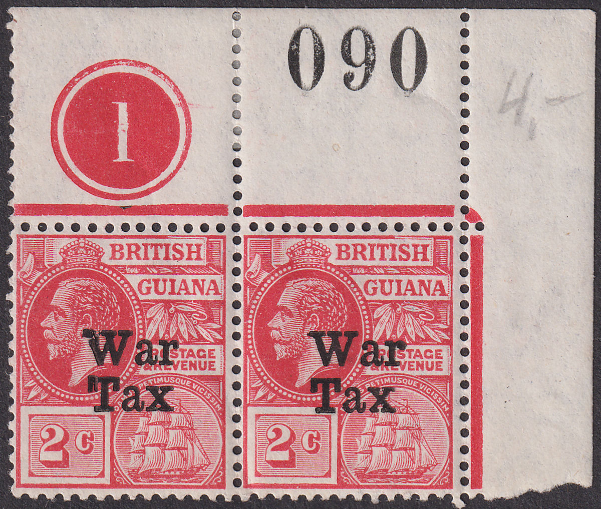 British Guiana 1918 KGV War Tax Overprint 2c Plate 1 Pair w Sheet No Mint SG271