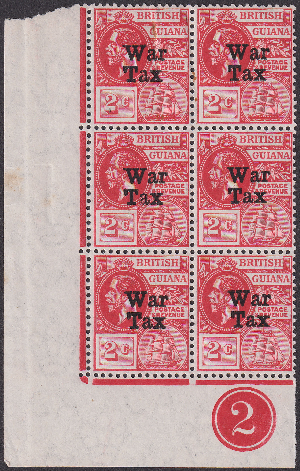 British Guiana 1918 KGV War Tax Overprint 2c Plate 2 Block w Sheet No Mint SG271