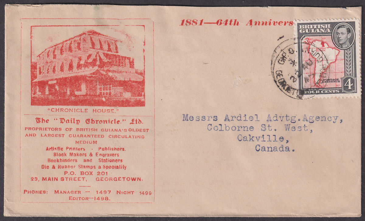 British Guiana 1945 KGVI 4c Used on "Daily Chronicle" Cover to Canada