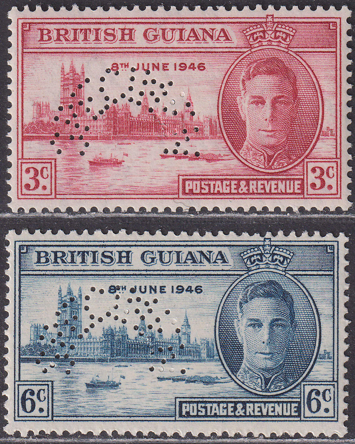 British Guiana 1946 KGVI SPECIMEN Perf Victory 3c, 6c Mint SG320s-321s cat £100