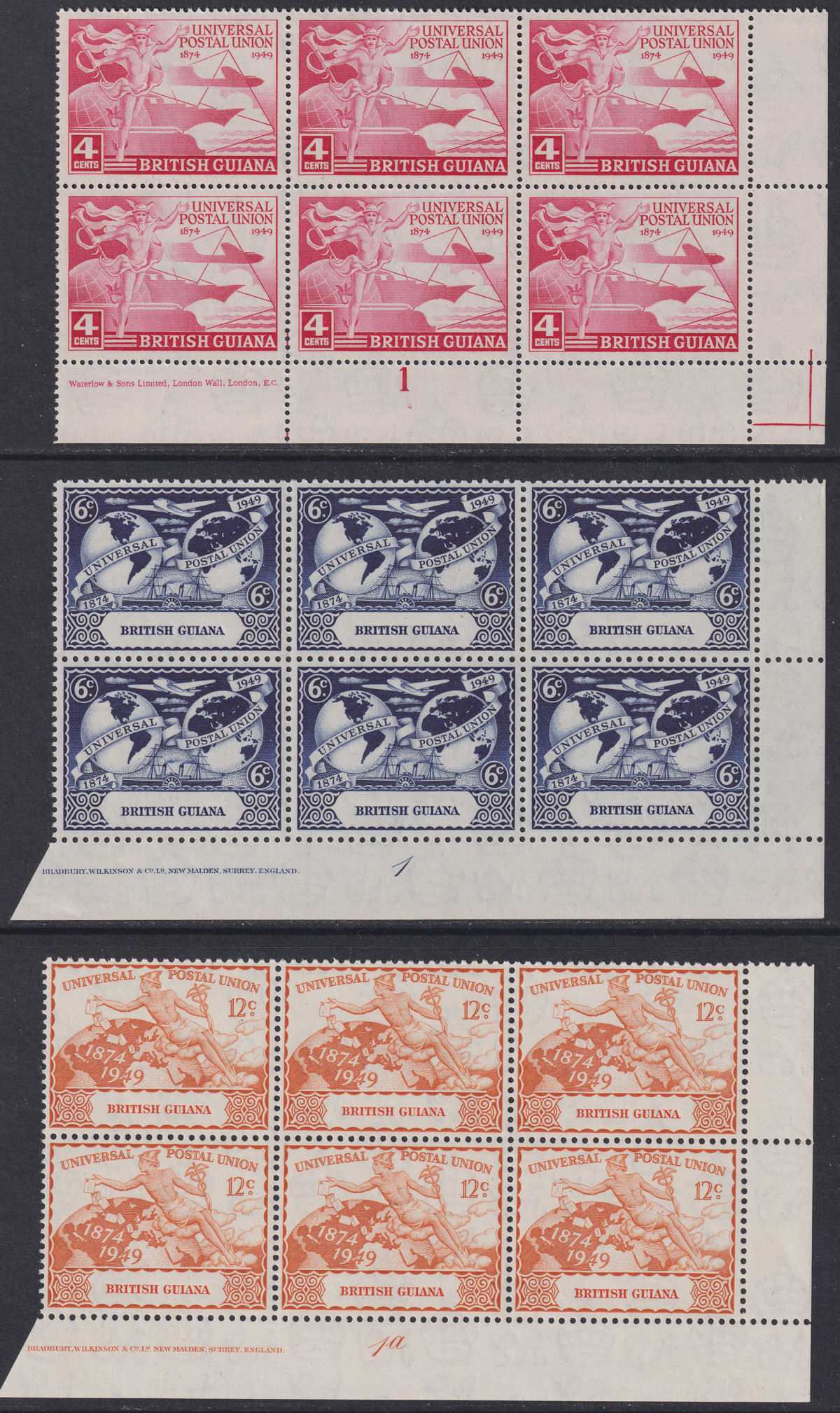 British Guiana 1949 KGVI 75th Anniv UPU Plate No Imprint Blk Set Mint SG324-327