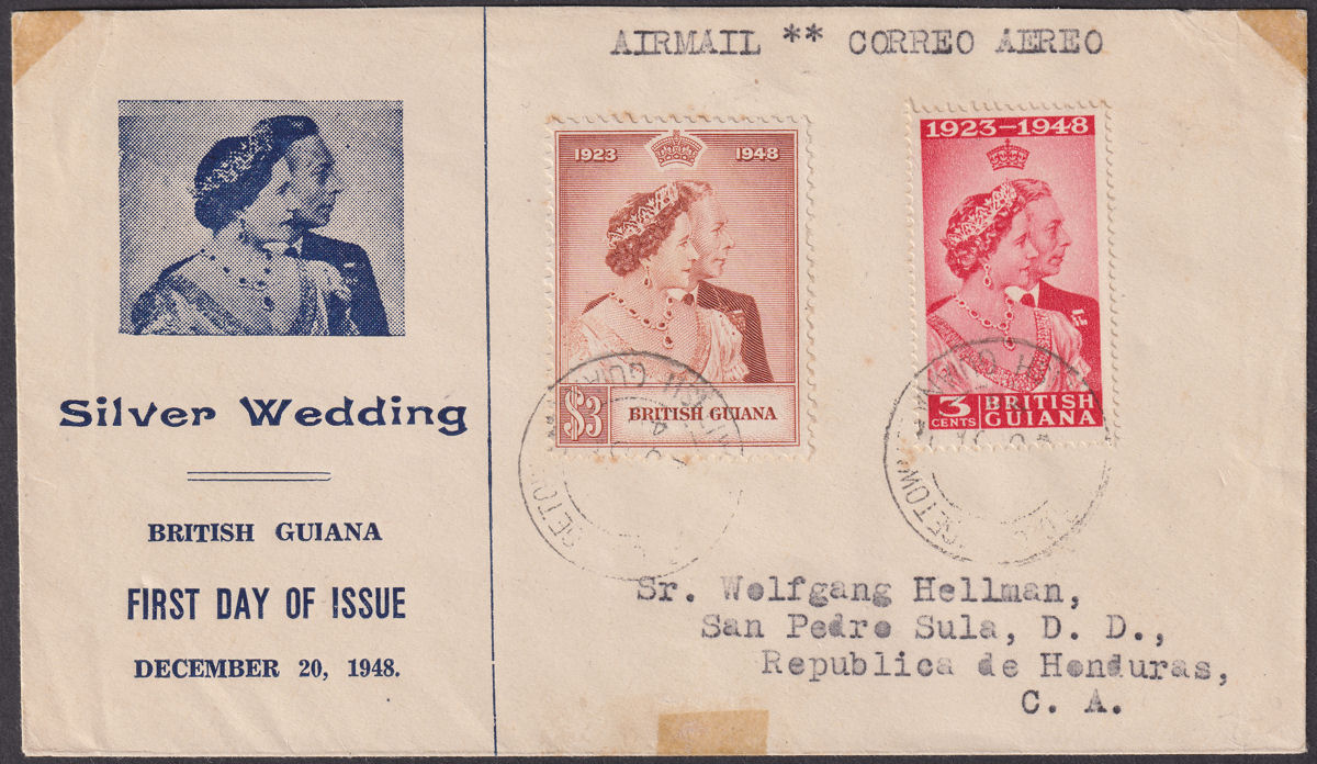 British Guiana 1948 KGVI Royal Silver Wedding Airmail First Day Cover Used TONES