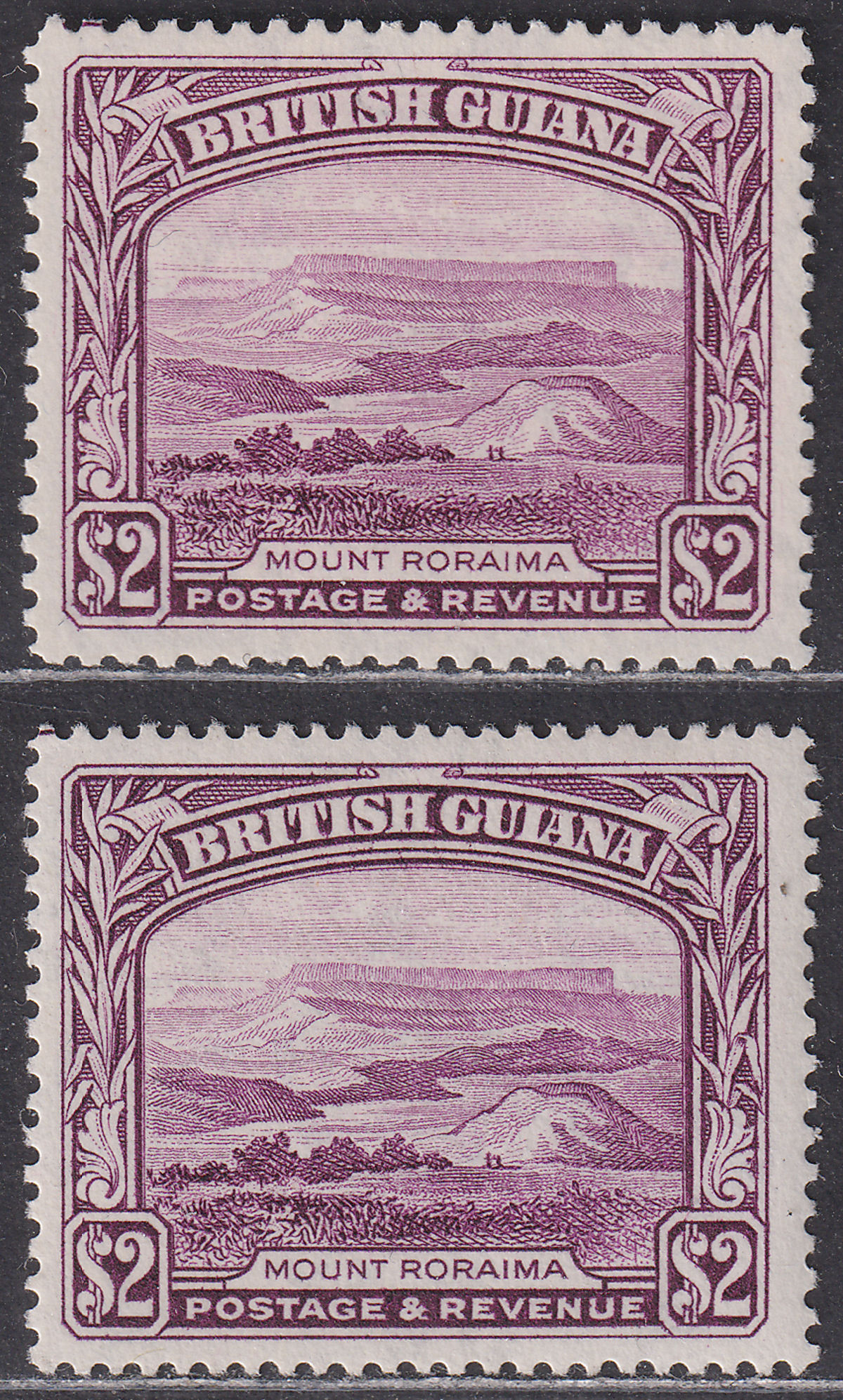 British Guiana 1945-50 KGVI $2 Purple p12½ / p14x13 Mint SG318-318a cat £55