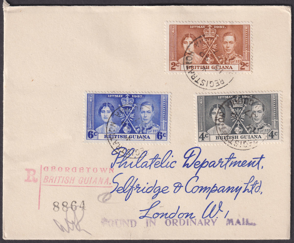 British Guiana 1937 KGVI Coronation Reg Cover Used - UK FOUND ORDINARY MAIL Mark