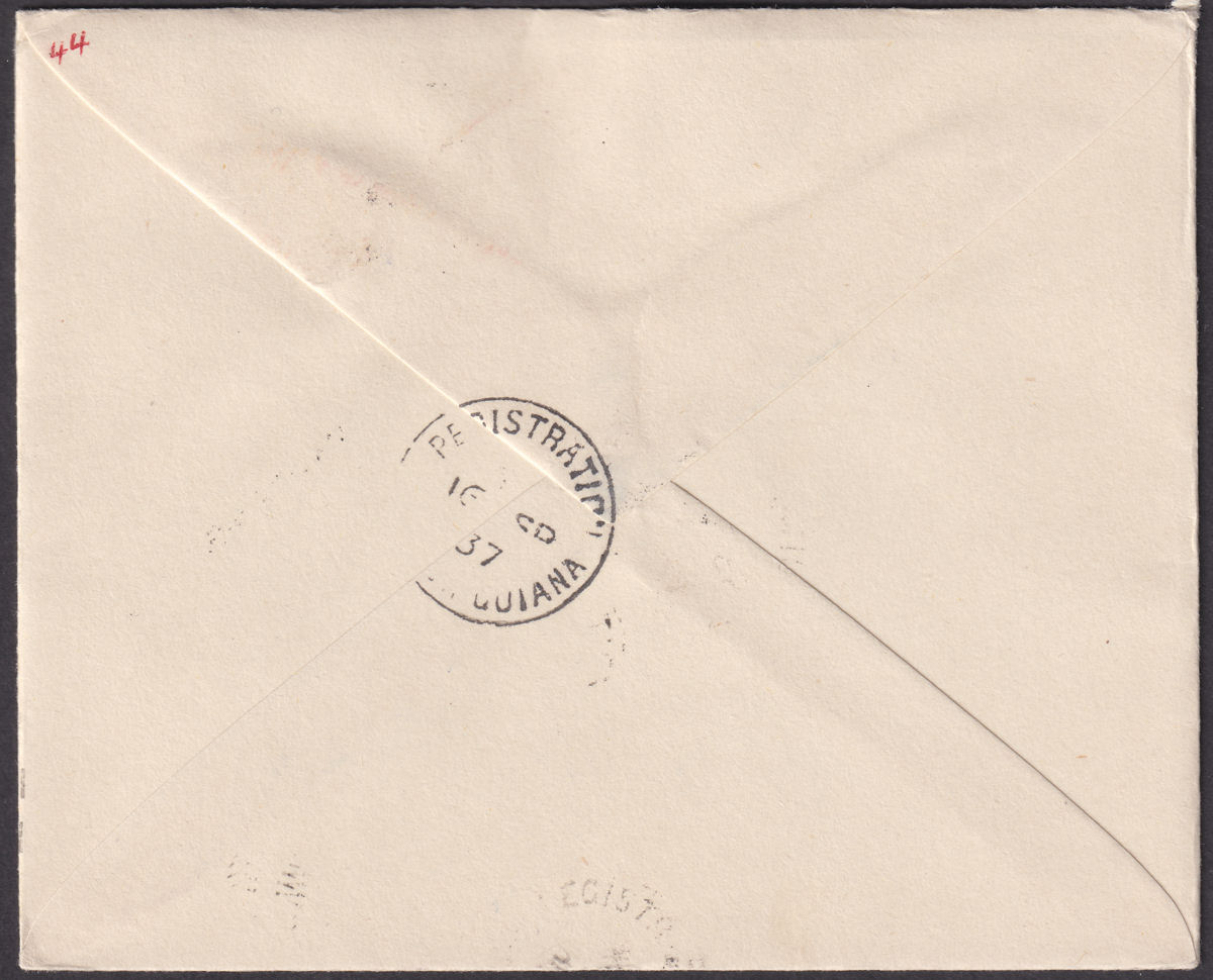 British Guiana 1937 KGVI Coronation Reg Cover Used - UK FOUND ORDINARY MAIL Mark