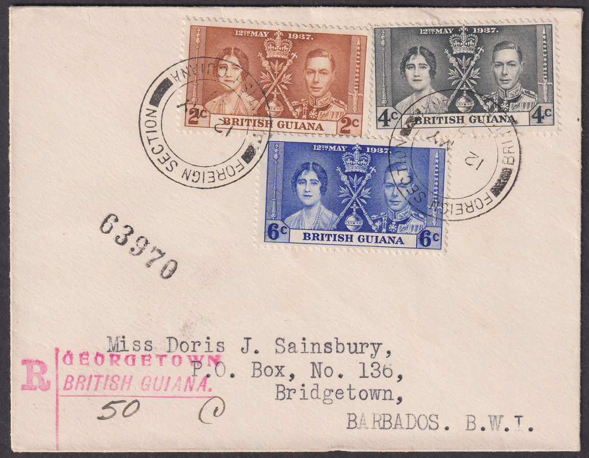 British Guiana 1937 KGVI Coronation Registered First Day Cover to Barbados