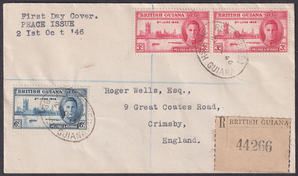 British Guiana 1946 KGVI Victory 3c, 6c Registered First Day Cover Used to UK
