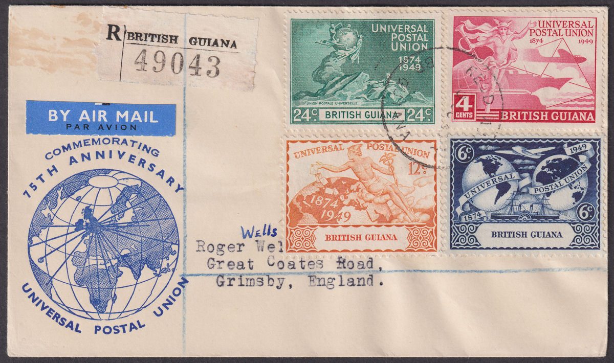 British Guiana 1949 KGVI 75th Anniv of UPU Registered Airmail First Day Cover