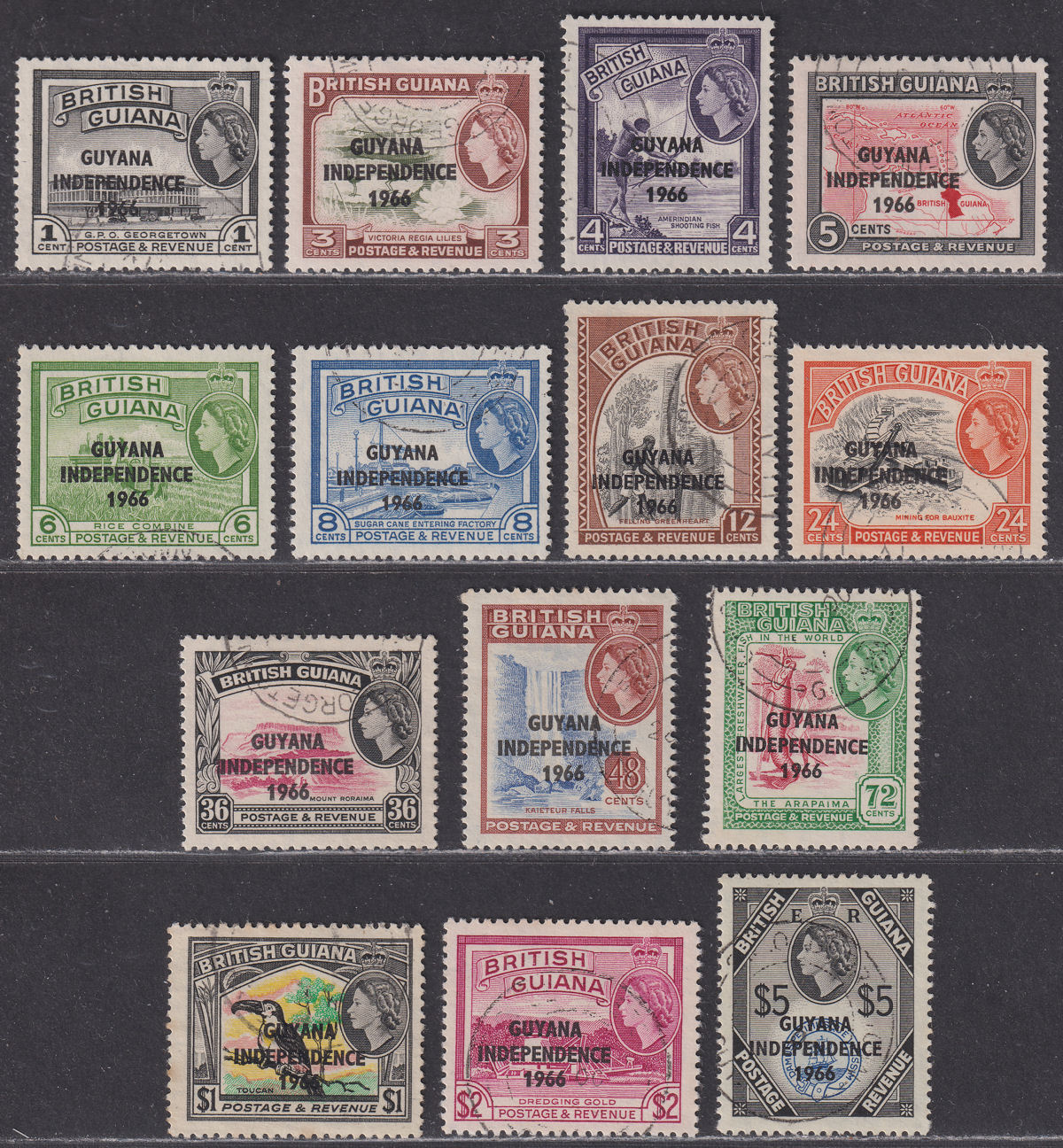 Guyana 1966 Independence Overprint wmk Block CA Up Set Used SG385-398 cat £28