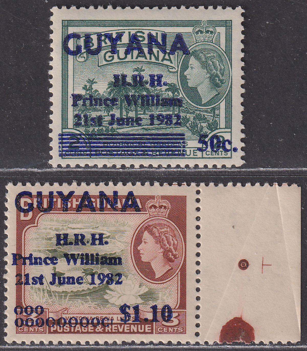 Guyana 1982 Birth Prince William 50c + $1.10 Surch UM Mint SG982a SG983 cat £34