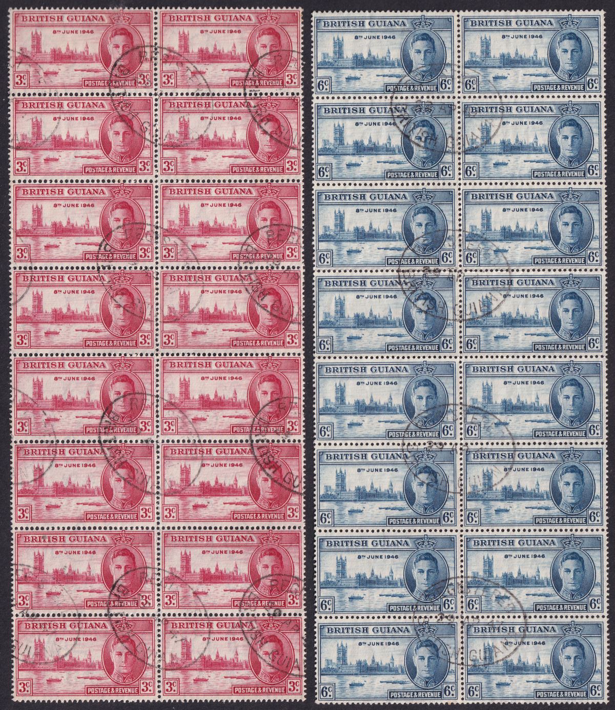 British Guiana 1946 KGVI Victory 3c, 6c Blocks of 16 Used SG320-321