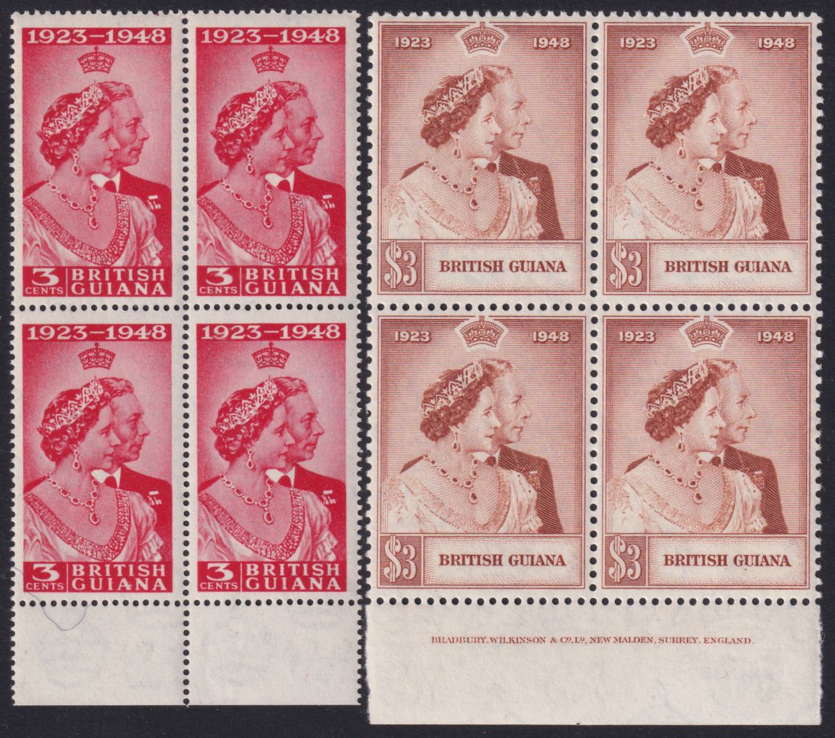 British Guiana 1948 KGVI Royal Silver Wedding 3c $3 Blocks Mint SG322-323 c£100+