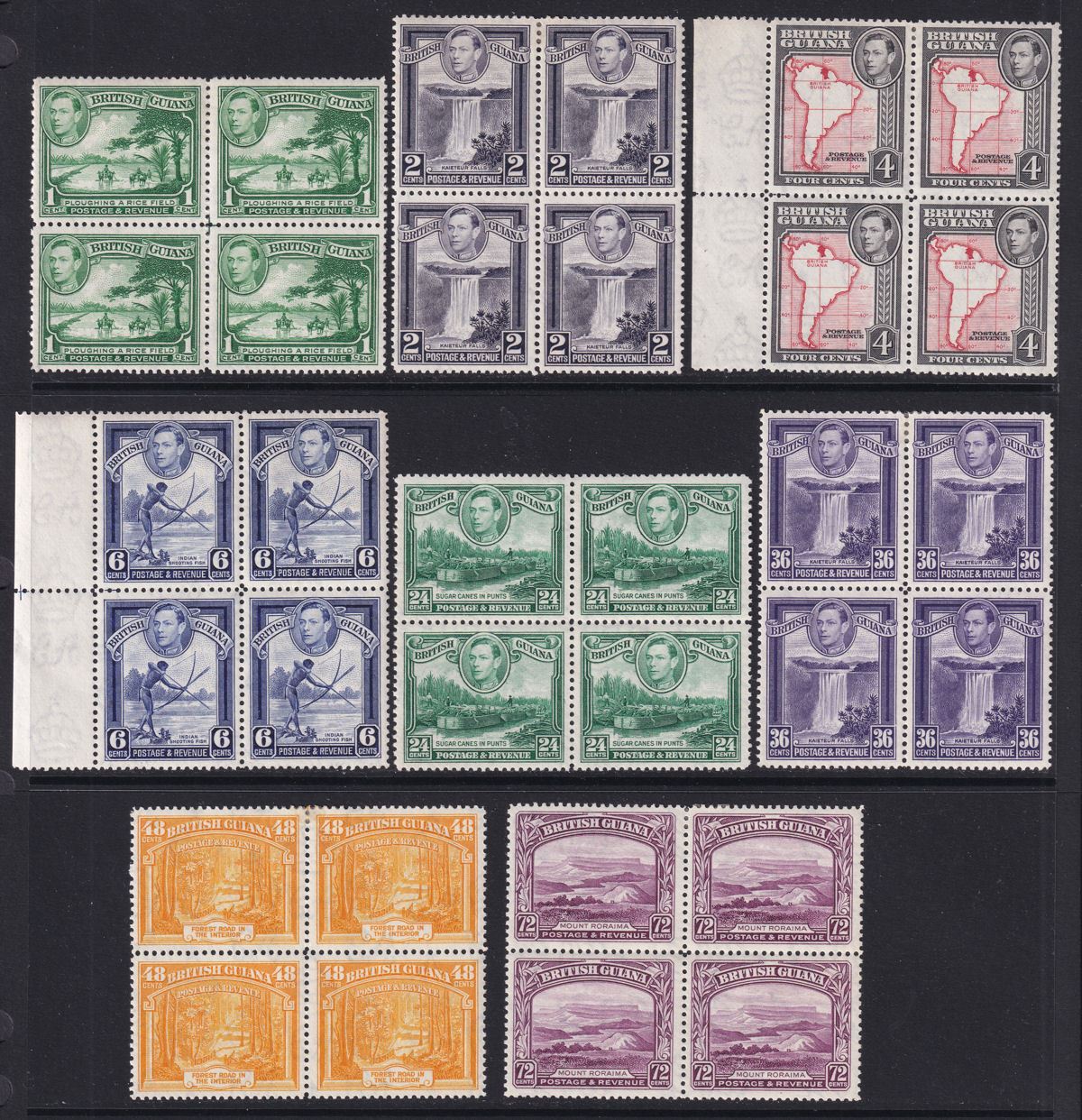 British Guiana 1938 King George VI Block Set to 48c Mint SG308-314