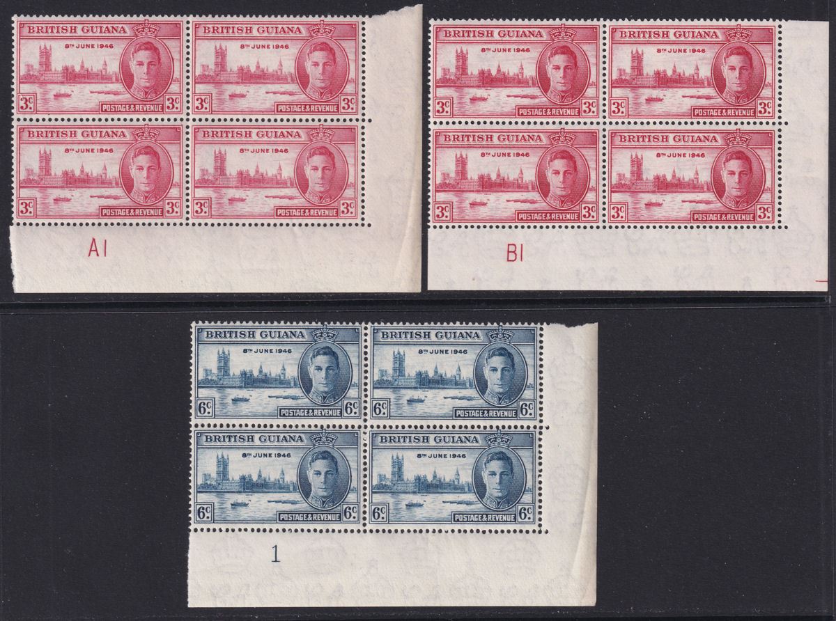 British Guiana 1946 KGVI Victory 3c, 6c Plate No Blocks of 4 Mint SG320-321