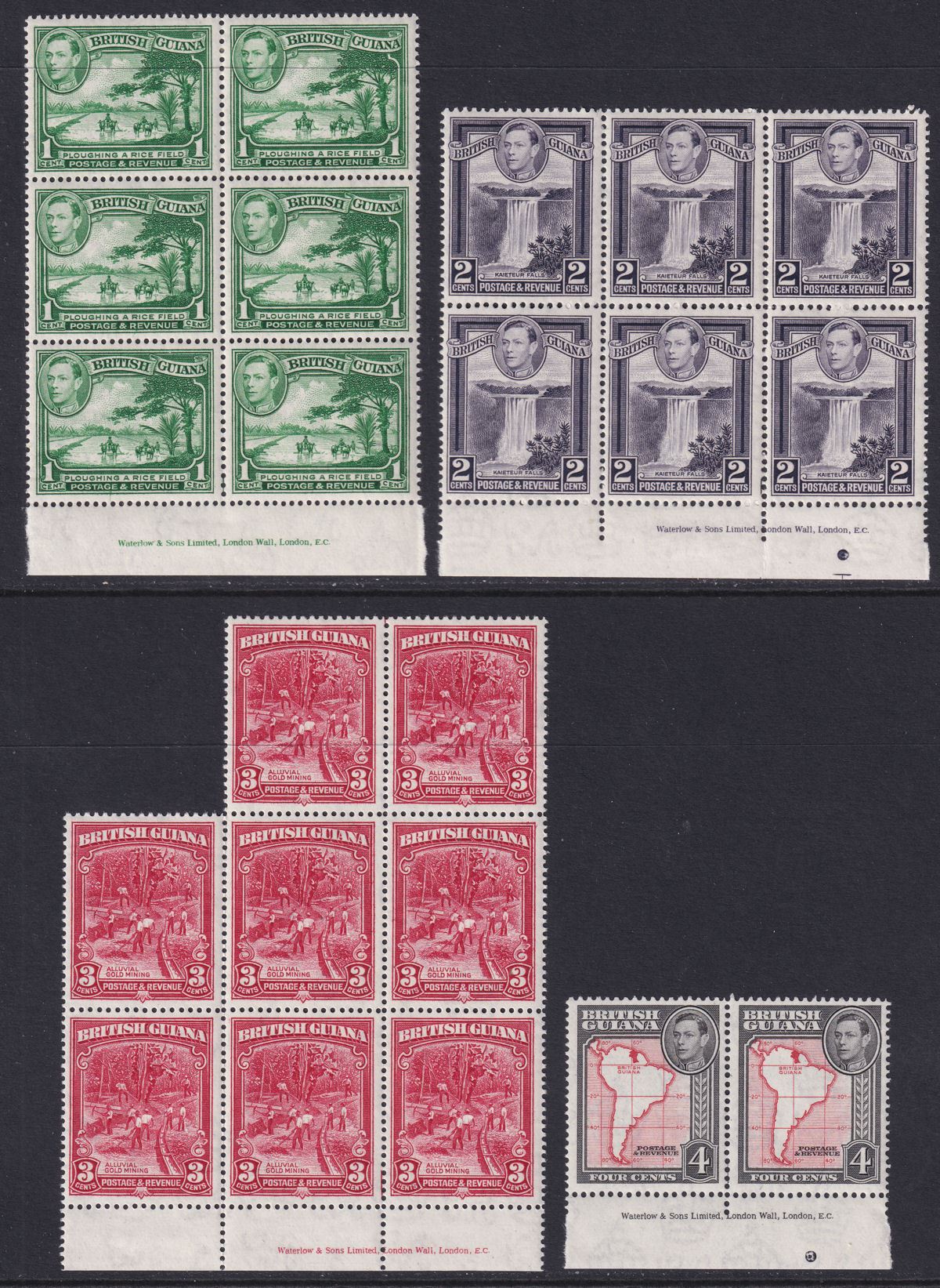 British Guiana 1949-52 KGVI Waterlow Imprint Block Selection to 96c Mint