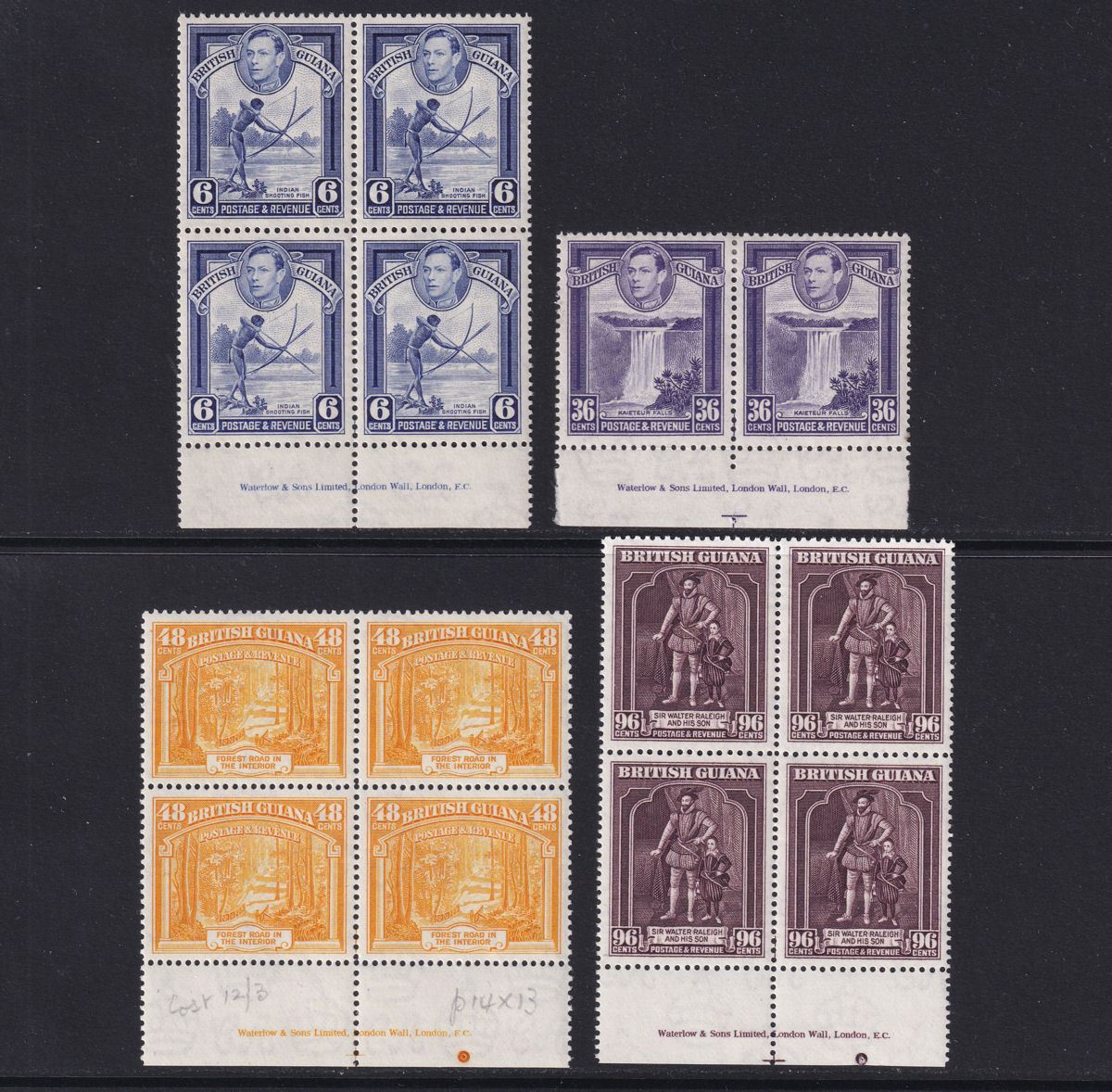 British Guiana 1949-52 KGVI Waterlow Imprint Block Selection to 96c Mint