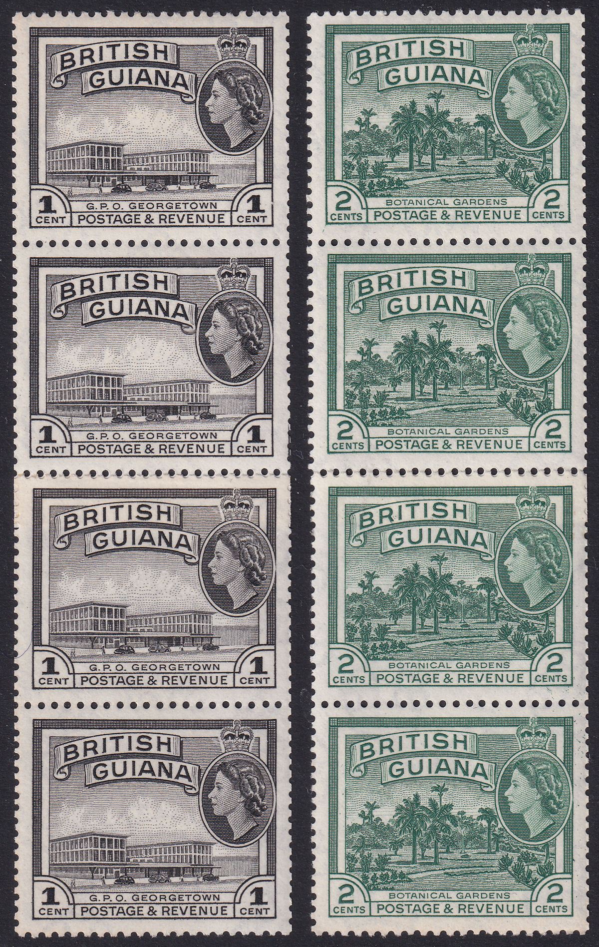 British Guiana 1954 QEII 1c Black, 2c Myrt-Grn Coil Strips w Join Mint SG331-332