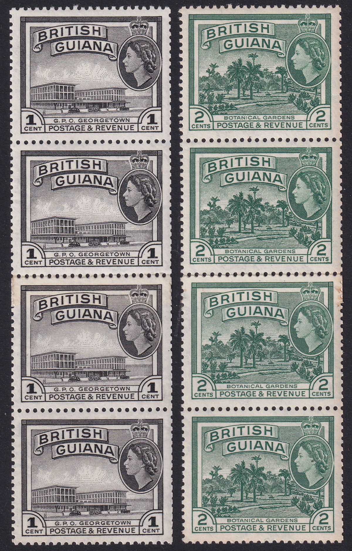 British Guiana 1954 QEII 1c Black, 2c Myrt-Grn Coil Strips w Join Mint SG331-332