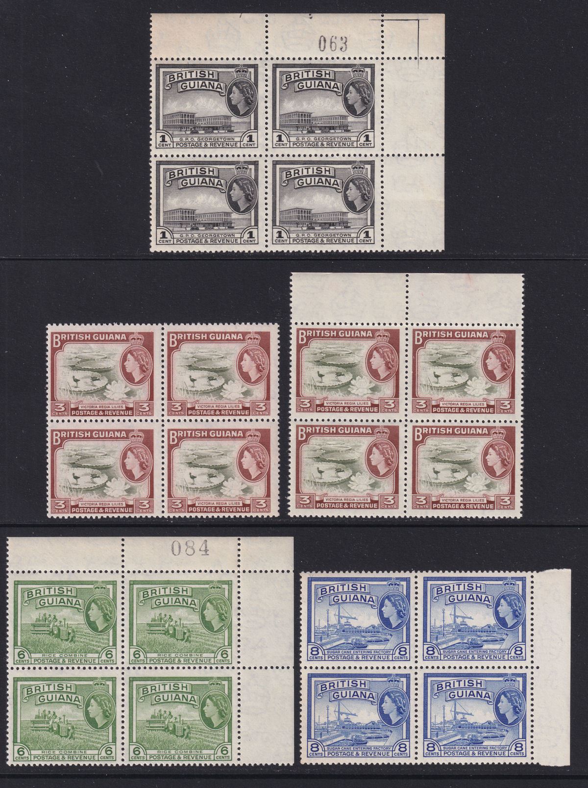 British Guiana 1954 Queen Elizabeth II 1c, 3c, 6c, 8c Blocks of 4 Mint