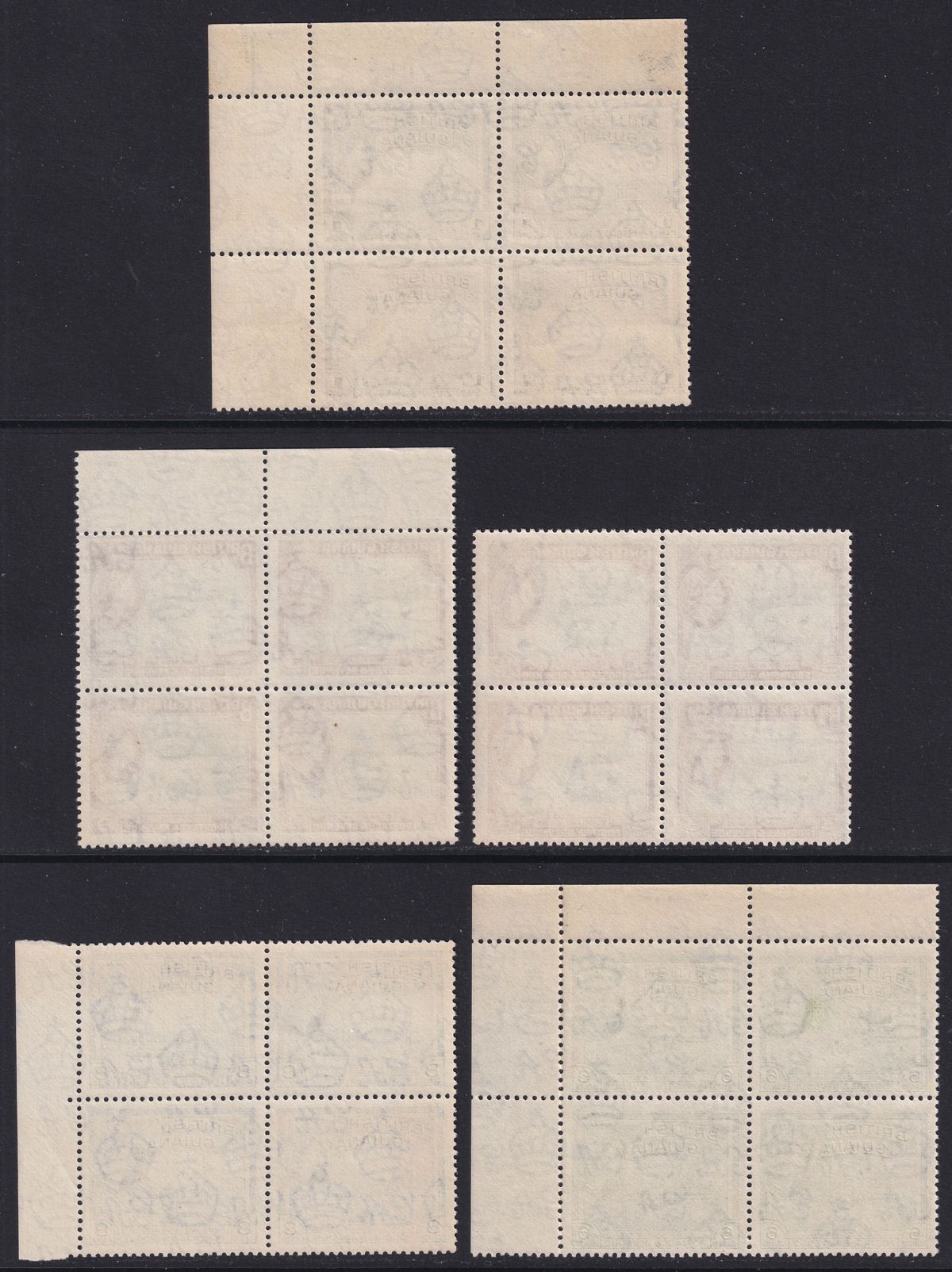 British Guiana 1954 Queen Elizabeth II 1c, 3c, 6c, 8c Blocks of 4 Mint