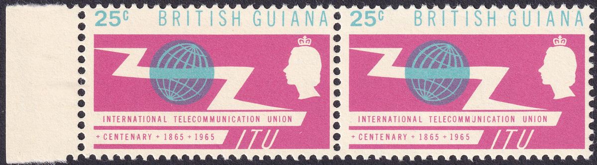 British Guiana 1965 QEII ITU Centenary 25c Pair with Broken U Variety Mint
