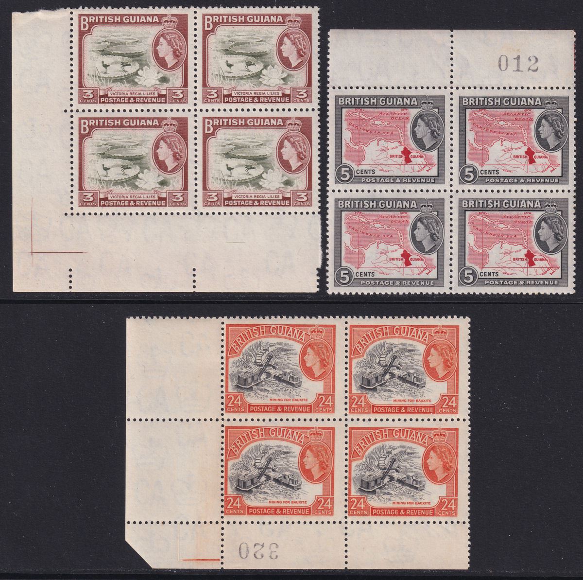 British Guiana 1963-65 QEII wmk Block CA 3c, 5c, 24c Blocks of 4 Mint
