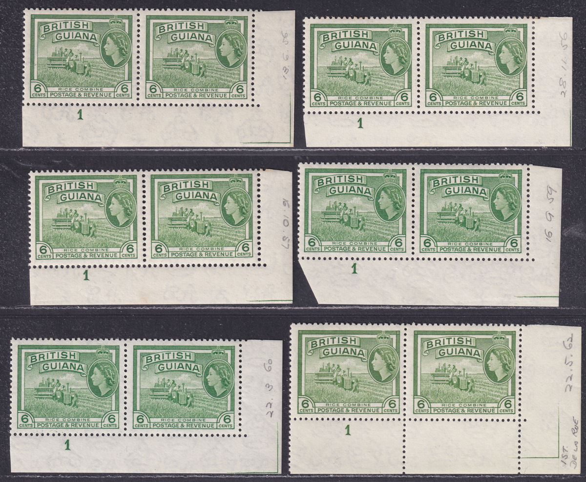 British Guiana 1954 QEII 6c Yellow-Green / Green Plate 1 Pairs Mint SG336-336a