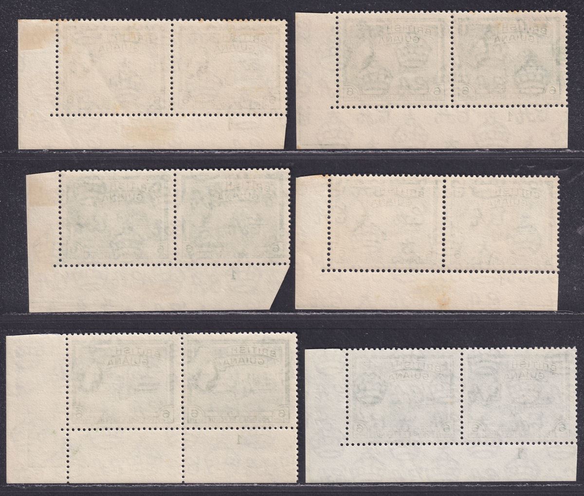 British Guiana 1954 QEII 6c Yellow-Green / Green Plate 1 Pairs Mint SG336-336a