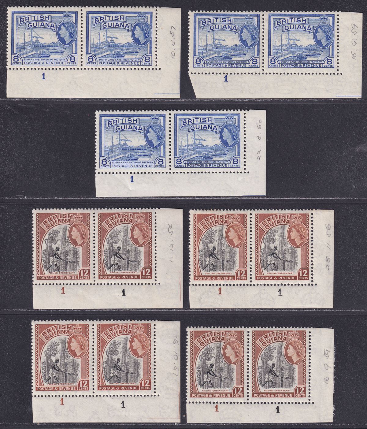 British Guiana 1954 Queen Elizabeth II 8c, 12c Plate 1 Pairs Mint