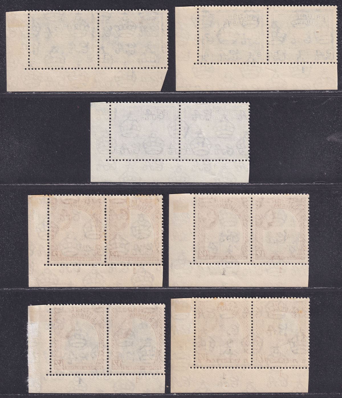 British Guiana 1954 Queen Elizabeth II 8c, 12c Plate 1 Pairs Mint
