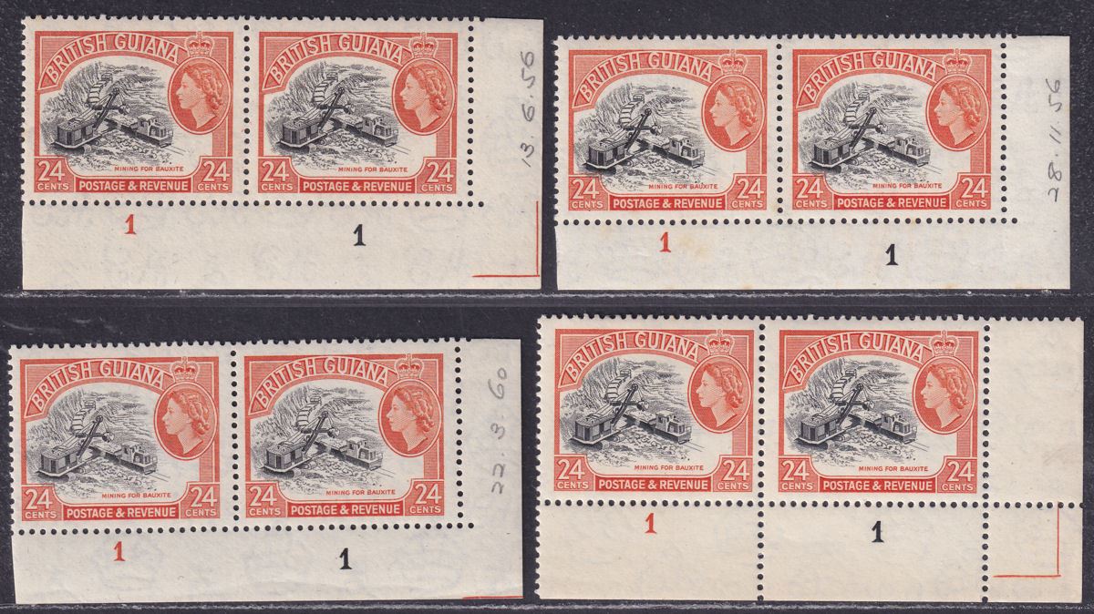 British Guiana 1954 Queen Elizabeth II 24c Black + Orange Pl 1 Pairs Mint tones