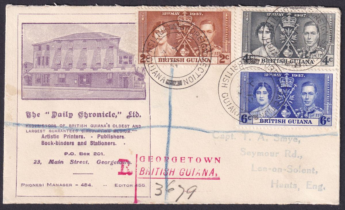British Guiana 1937 KGVI Coronation Daily Chronicle Ltd Reg First Day Cover Used