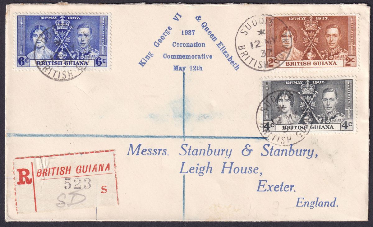British Guiana 1937 KGVI Coronation Stanbury Reg First Day Cover SUDDIE Postmark