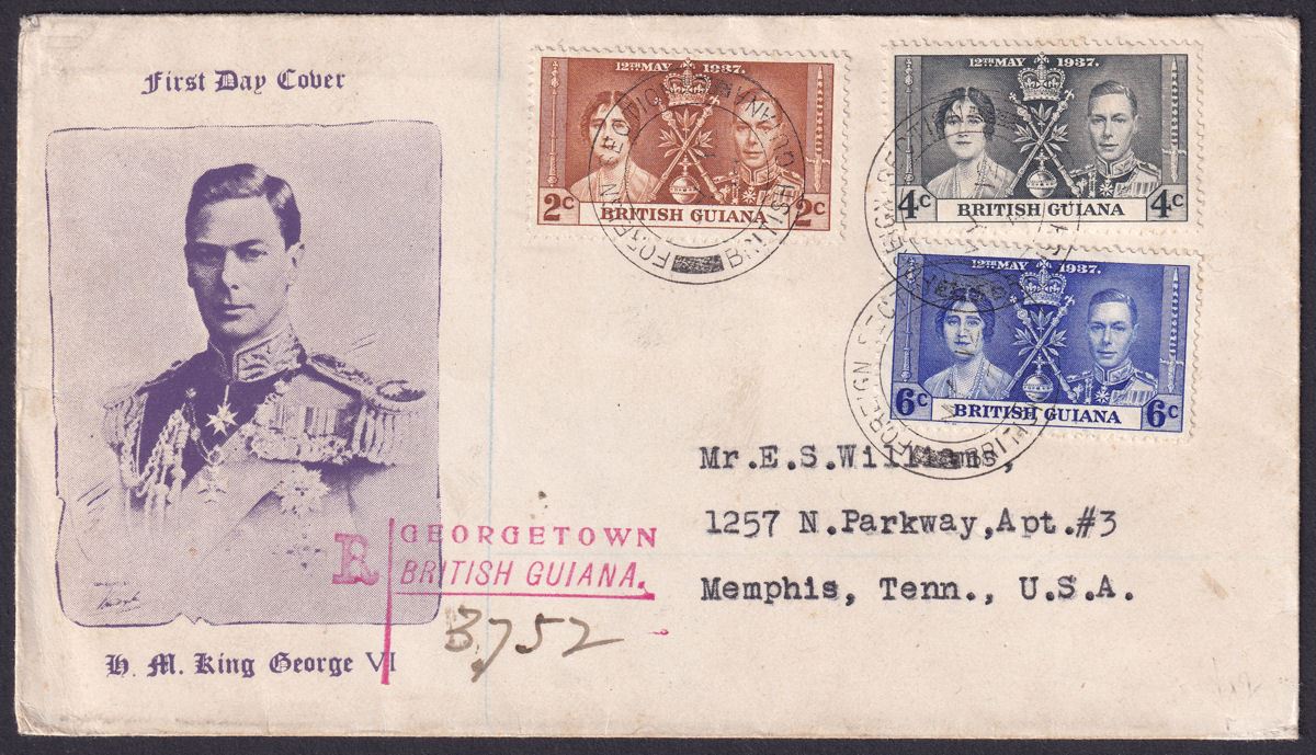 British Guiana 1937 KGVI Coronation Portrait Commemorative Reg First Day Cover
