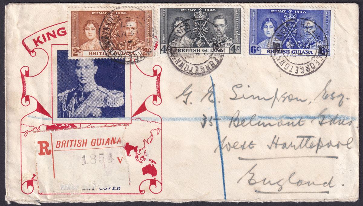 British Guiana 1937 KGVI Coronation Registered First Day Cover GEORGETOWN to UK