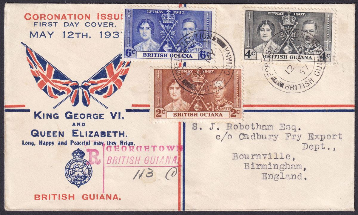 British Guiana 1937 KGVI Coronation Flags Commemorative Reg First Day Cover