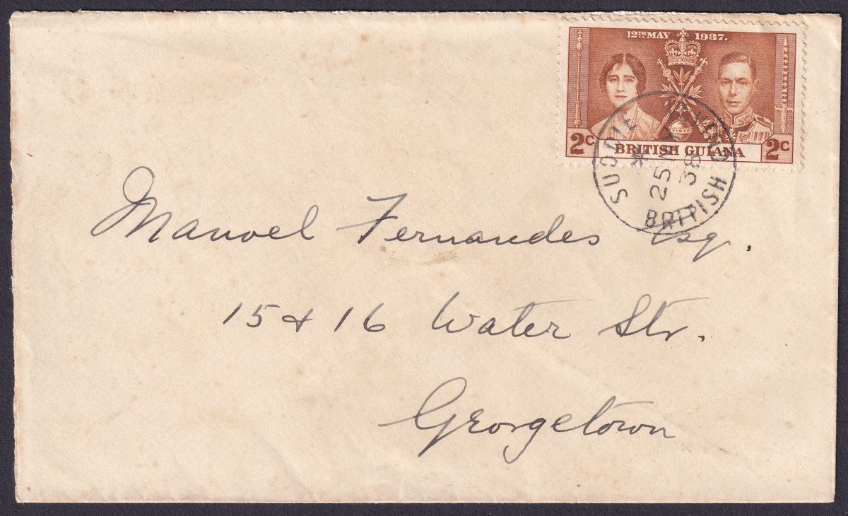 British Guiana 1938 KGVI Coronation 2c Used on Cover with SUDDIE Postmark