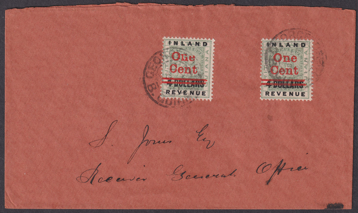 British Guiana 1890 QV Revenue 1c Surcharge on $4 x 2 Used on Cover SG210