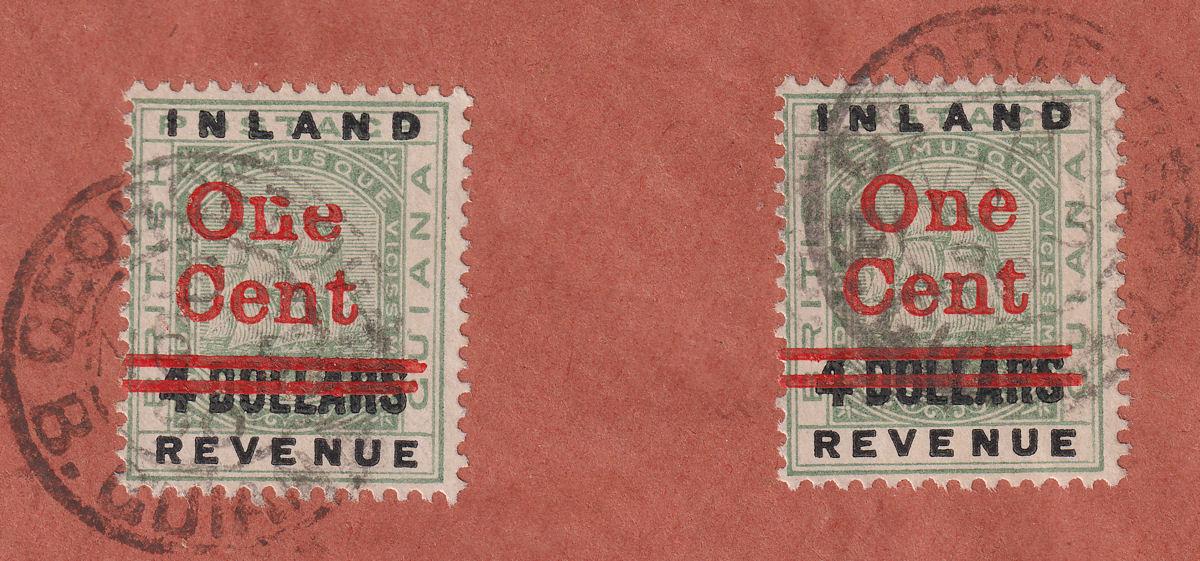 British Guiana 1890 QV Revenue 1c Surcharge on $4 x 2 Used on Cover SG210