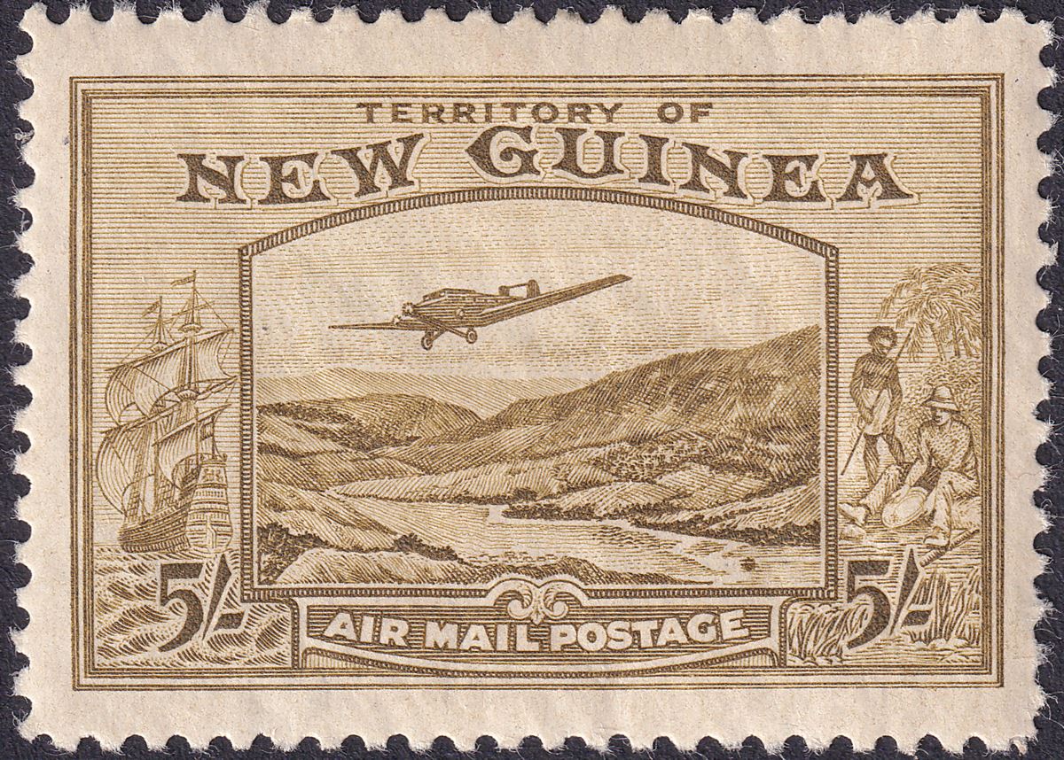 New Guinea 1939 KGVI Bulolo Airmail 5sh Olive-Brown Mint SG223 cat £190
