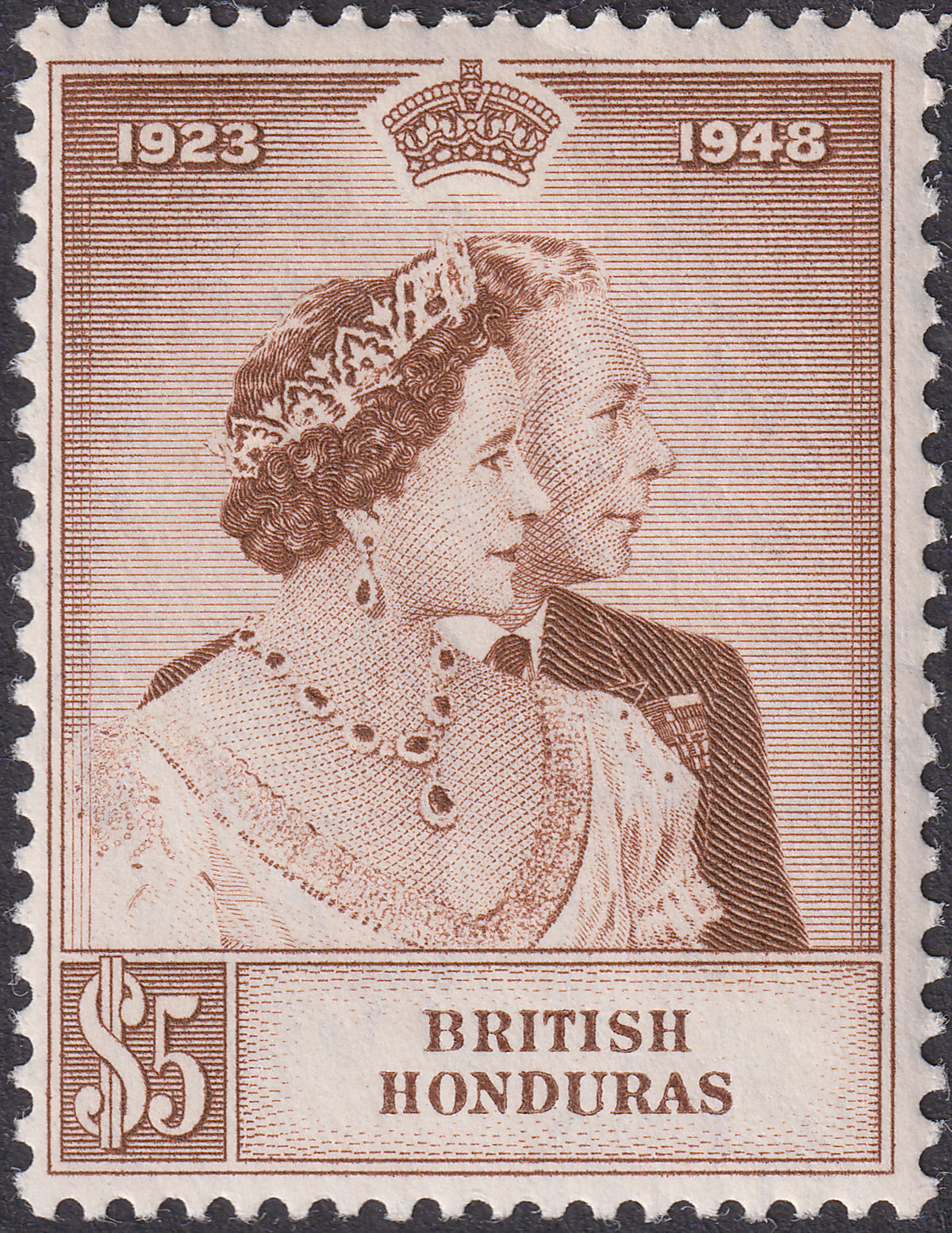 British Honduras 1948 KGVI Royal Silver Wedding $5 Brown Mint SG165 cat £30