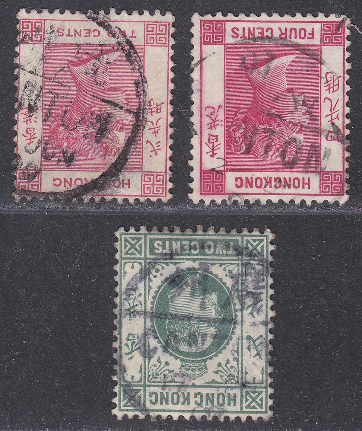 Hong Kong QV 2c, 4c, KEVIII 2c Used with part CANTON Chinese Bilingual Postmarks