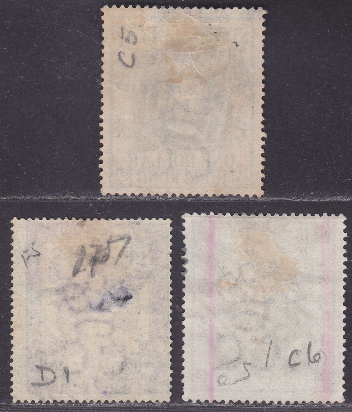 Hong Kong 1874 Stamp Duty QV $3 Dull Violet Used SG F2 + Revenue B62 values  x2