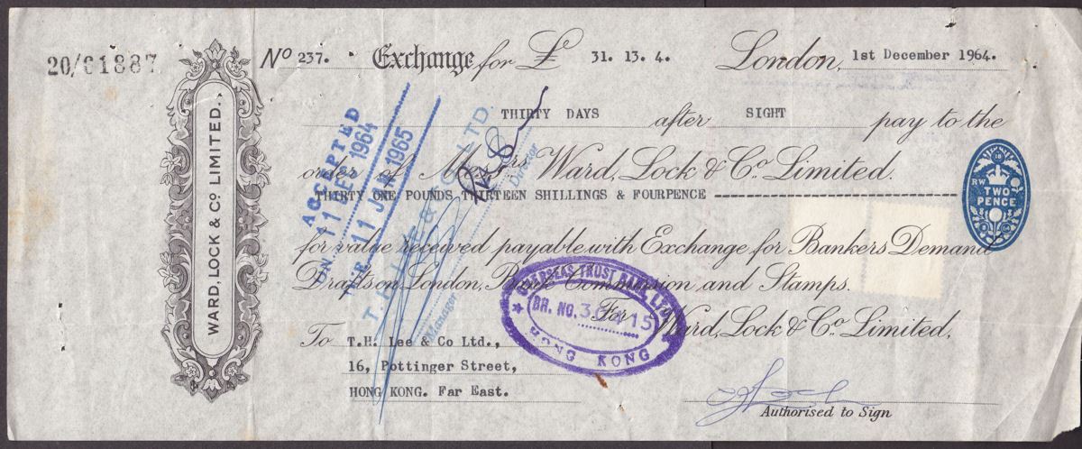 Hong Kong 1965 QEII Revenue Bill of Exchange 20c, 10c Used on 2d Demand Draft