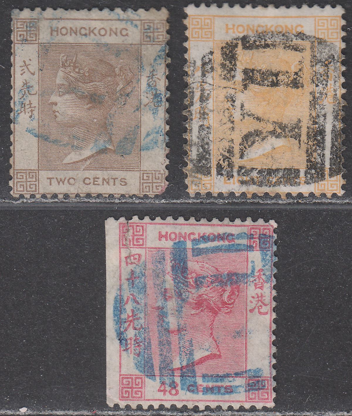 Hong Kong 1863 QV 2c, 8c, 48c Used Yokohama Y1 postmarks SG Z32 Z35 Z41 FAULTS