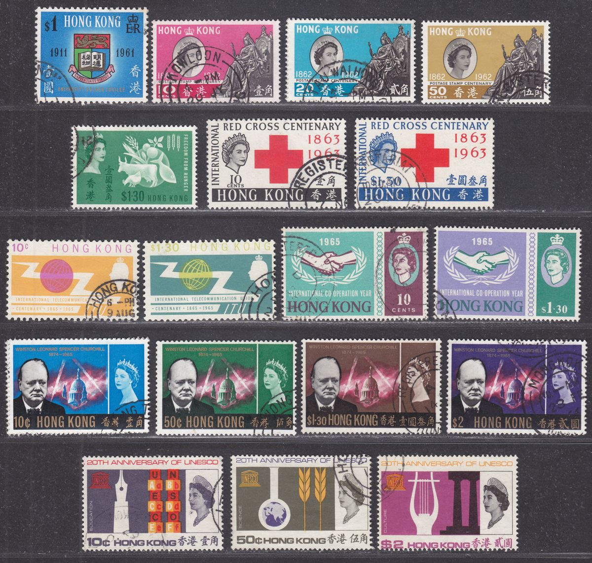 Hong Kong 1961-66 QEII Selection Used inc Red Cross, ITU, Churchill, UNESCO