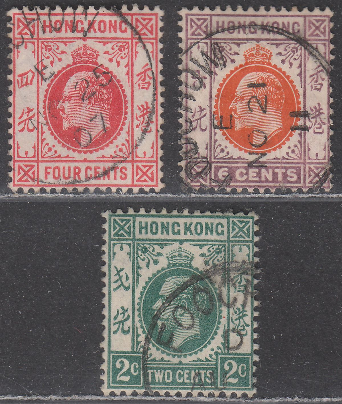Hong Kong 1907-12 KEVII 4c, 6c, KGV 2c Used with FOOCHOW Postmarks China